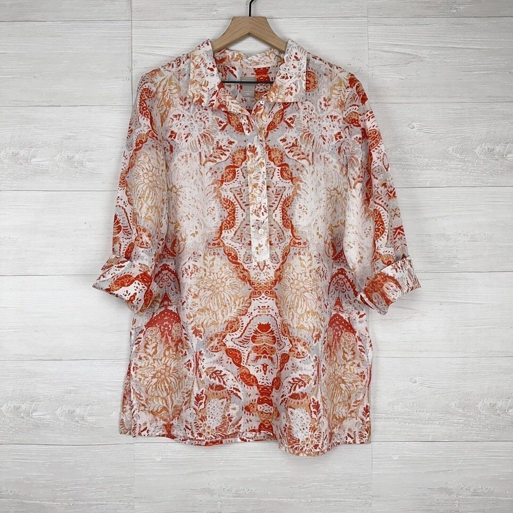 Chico's Medallion Print Linen Tunic Top Size‎ 1 (8-10) Orange 3/4 Sleeves Collar
